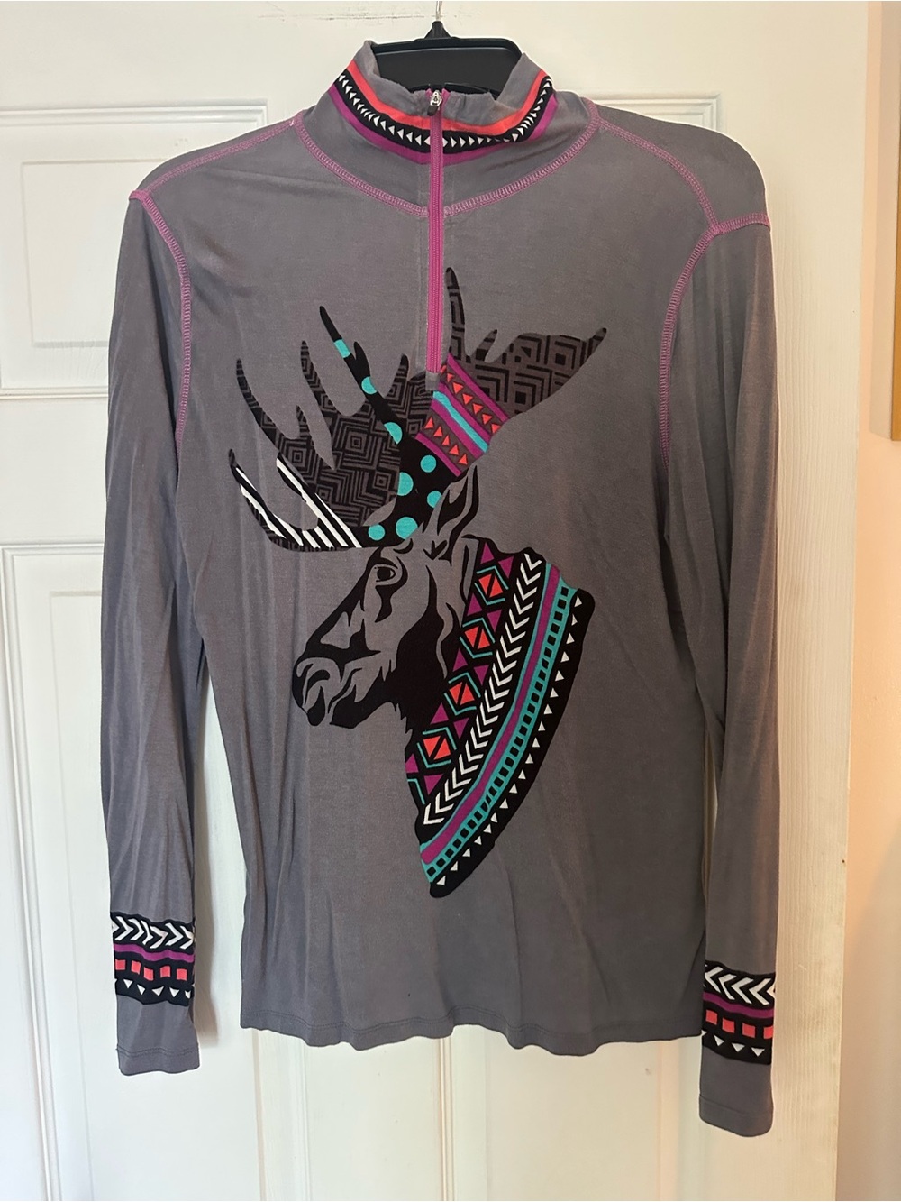Krimson Klover Gray Long Sleeve Moose Graphic Top with Teal & Pink Accents